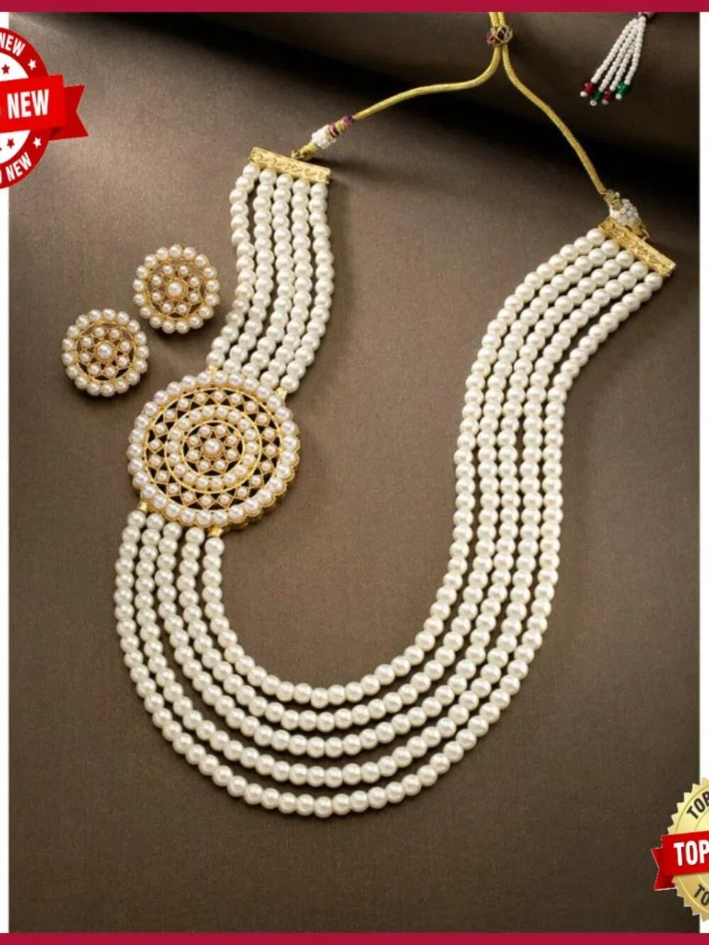 Traditional 5 Layer Kundan Pearl Necklace Earring Set